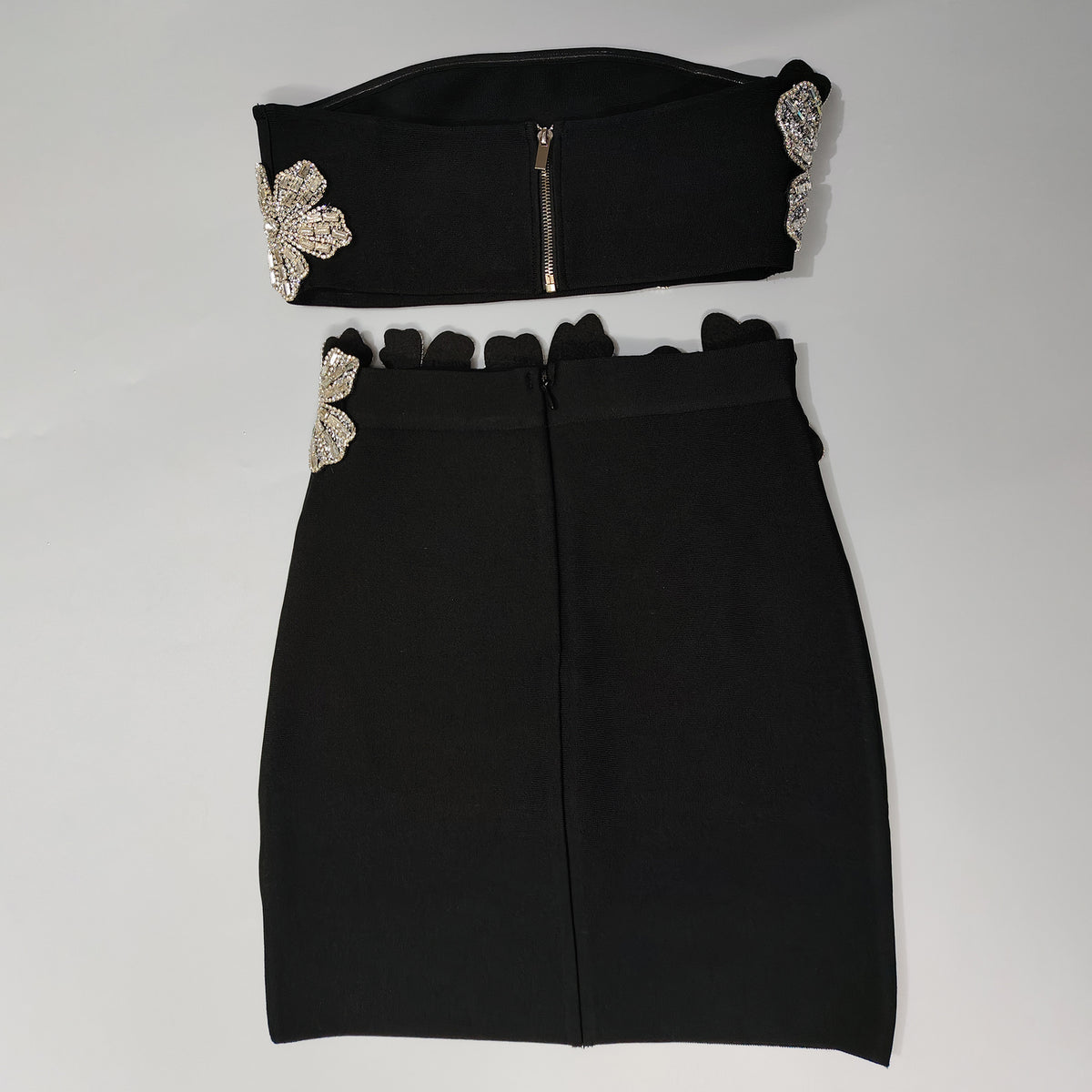 black black stretch fabric strapless tube top, fitted pencil skirt two-piece ensemble
