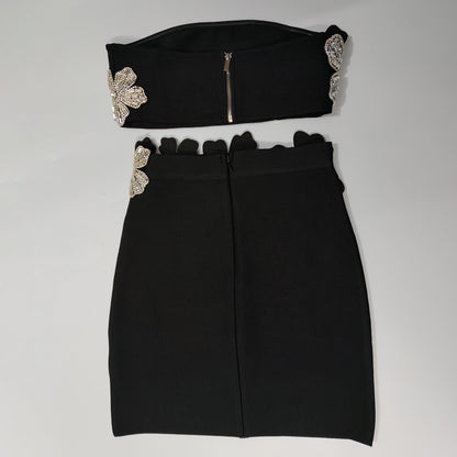black black stretch fabric strapless tube top, fitted pencil skirt two-piece ensemble