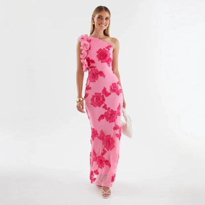 novia one-shoulder 3d flower embroidery bodycon maxi dress - pink