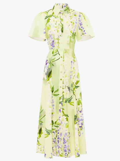 polo neck short-sleeved floral satin lemon yellow A-line dress