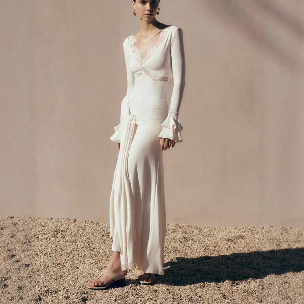 Lace Trim Flare Sleeve Draped Maxi Dress