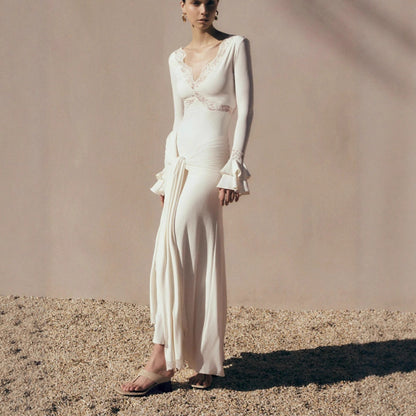Lace Trim Flare Sleeve Draped Maxi Dress