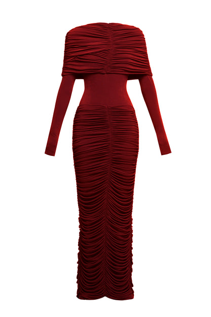 alice red pleated Form-fitting maxi dress with asymmetrical draped shoulder
