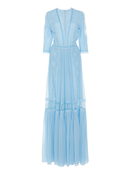 blue V-neck lace spliced maxi dress