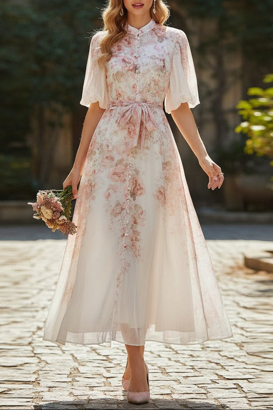 Pink Floral Print Mandarin Collar Chiffon Maxi Dress