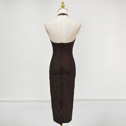 chocolate halter bodycon midi bandage dress