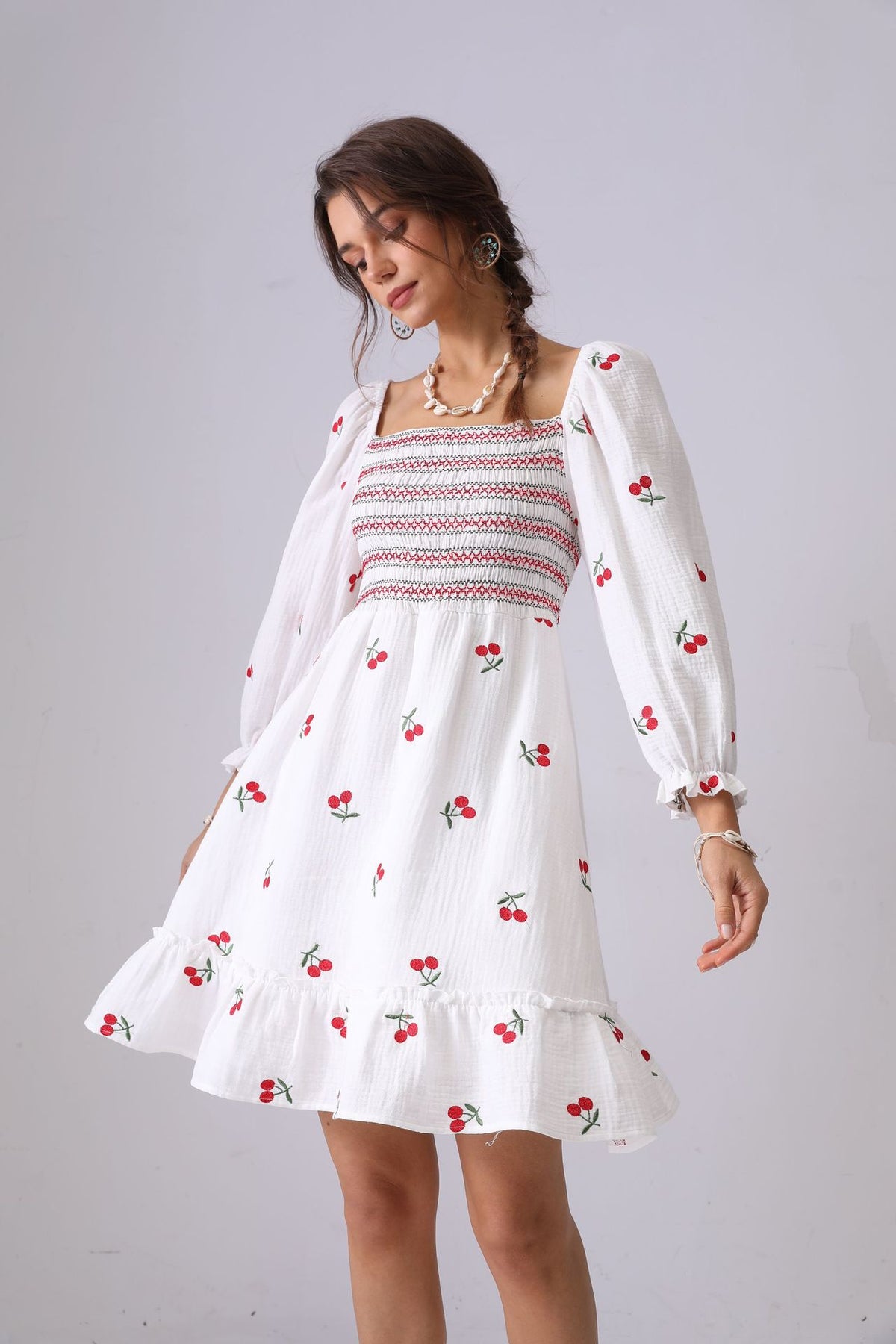 long-sleeved cotton double-layer gauze printed open back lotus skirts