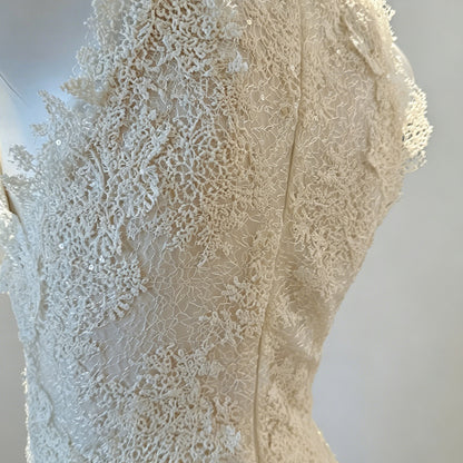 Beige Peach Floral Lace A-Line Midi Dress