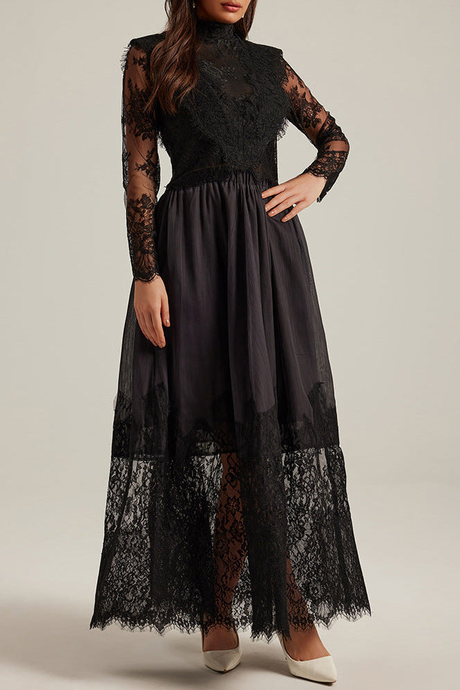 lila flowerr lace embroidery maxi dress set in black