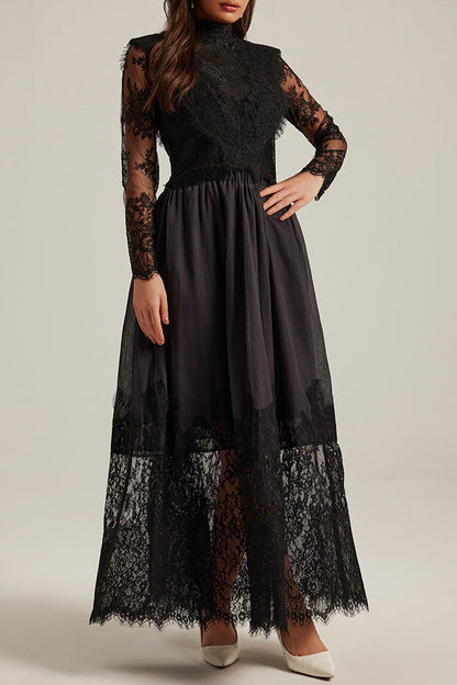 lila flowerr lace embroidery maxi dress set in black