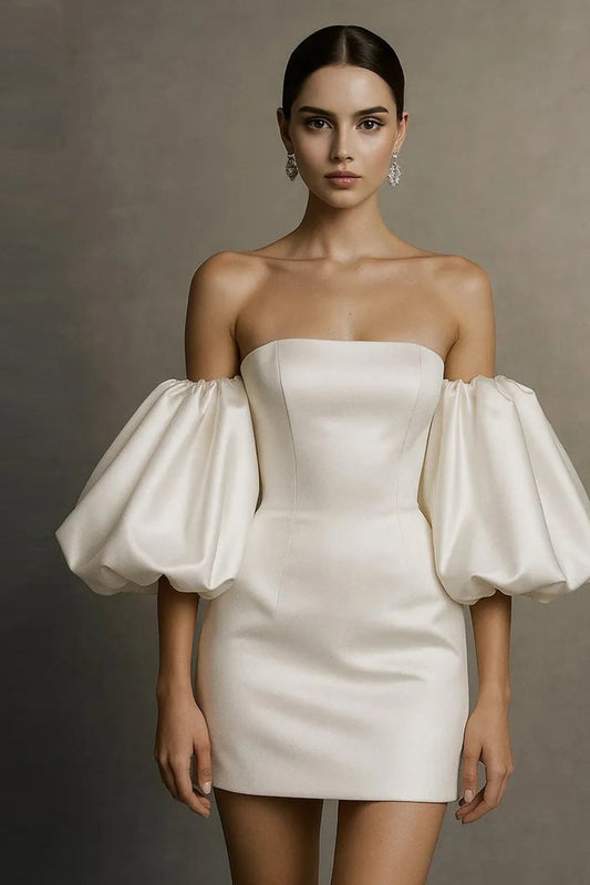 Off Shoulder Glossy Satin Mini Dress with Detachable Giant Puff Bubble Sleeves