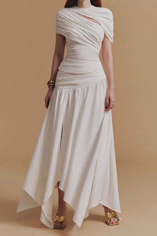 CASSIA Asymmetrical ruched top Midi Skirt set in white