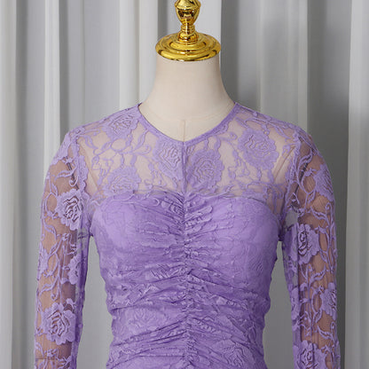 penny lace  hollow ruched bodycon long sleeve maxi dress in purple
