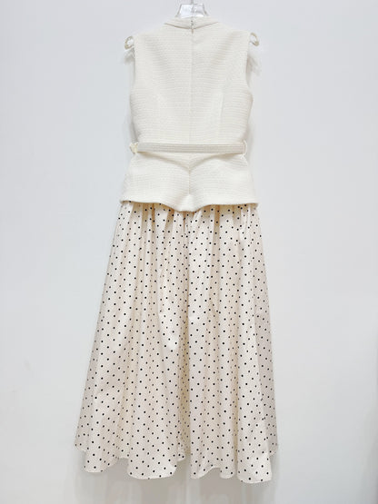 Sleeveless Textured Vest & Polka‑Dot Pleated Midi Skirt Two‑Piece Set