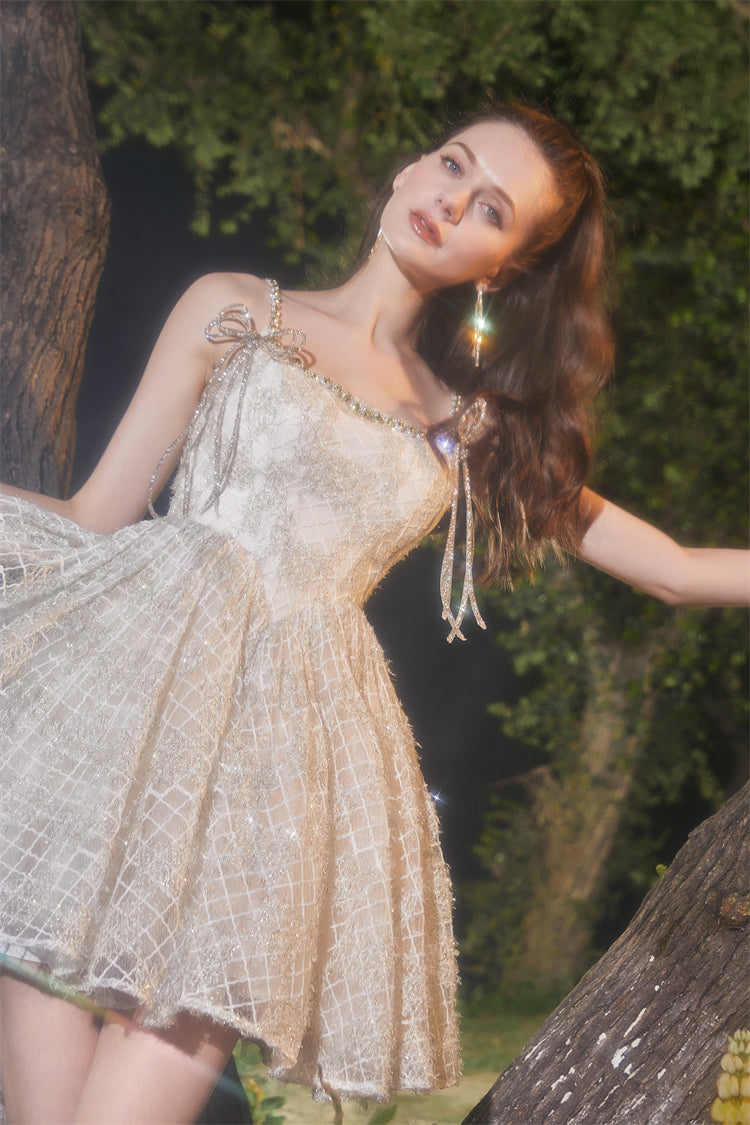 beige Square Collar Sleeveless lace cocktail Dress
