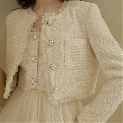Soft Cream Textured Tweed Cropped Blazer with Ruffle Trim and Pearl Buttons
