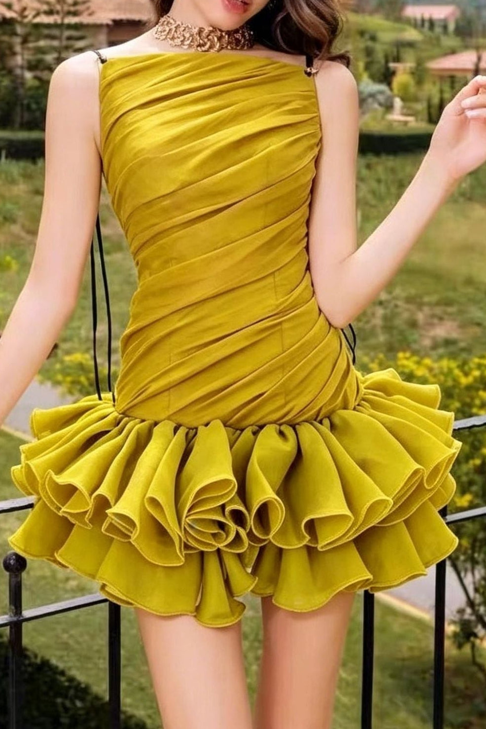 Mustard Yellow Thin Strap Diagonal Ruched Ruffle Hem Mini Dress