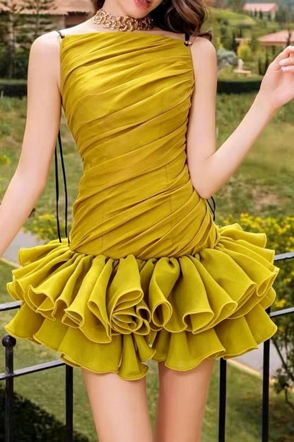 Mustard Yellow Thin Strap Diagonal Ruched Ruffle Hem Mini Dress