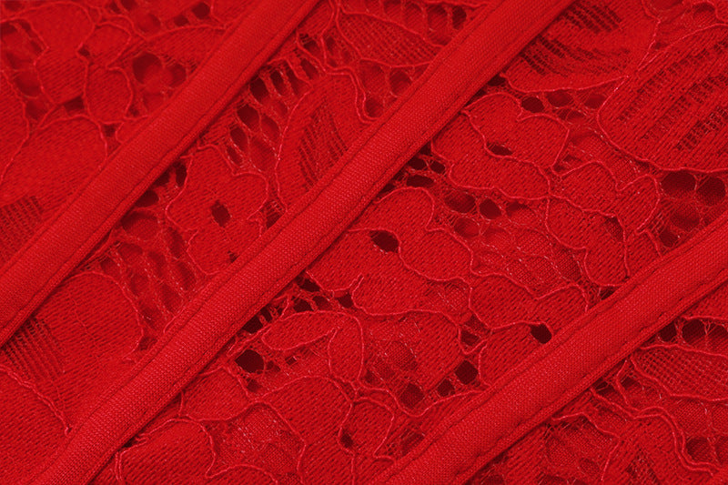 red Strapless Bandage Backless Floral Lace Corset Tube mini Dress