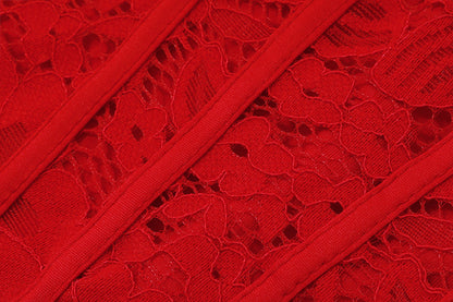 red Strapless Bandage Backless Floral Lace Corset Tube mini Dress