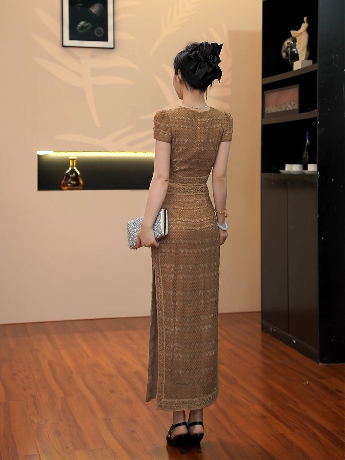 sharon appliqué hollow maxi dress in brown
