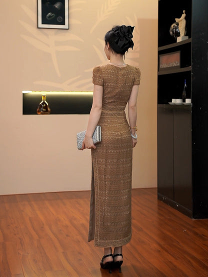 sharon appliqué hollow maxi dress in brown