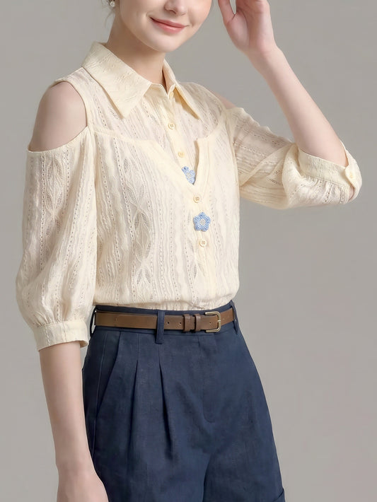 Cold Shoulder Point Collar Hollow Eyelet Puff Three-Quarter Sleeve Blouse