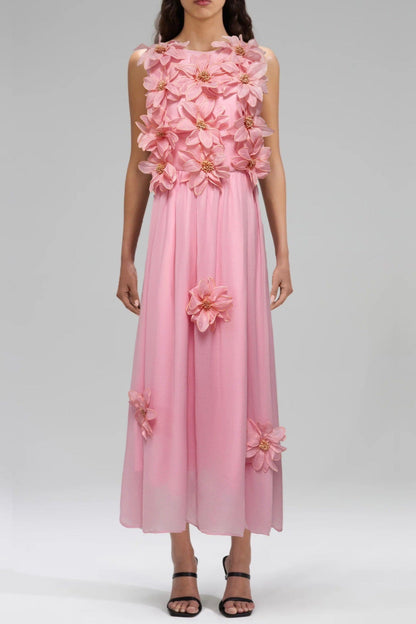 3d flower embellished sleeveless maxi dress in yellow