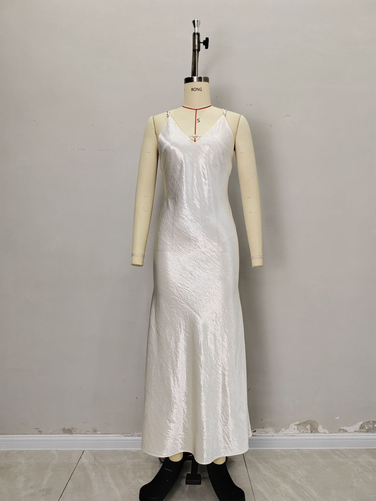 Cream Satin V-Neck Thin Strap Floor-Length Slip Maxi Dress