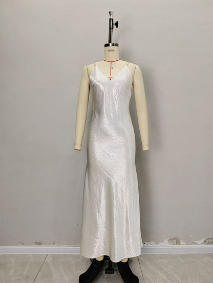 Cream Satin V-Neck Thin Strap Floor-Length Slip Maxi Dress