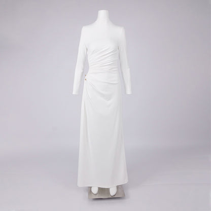 rita Metallic Double Ball Long-Sleeve High-Slit maxi Dress in white