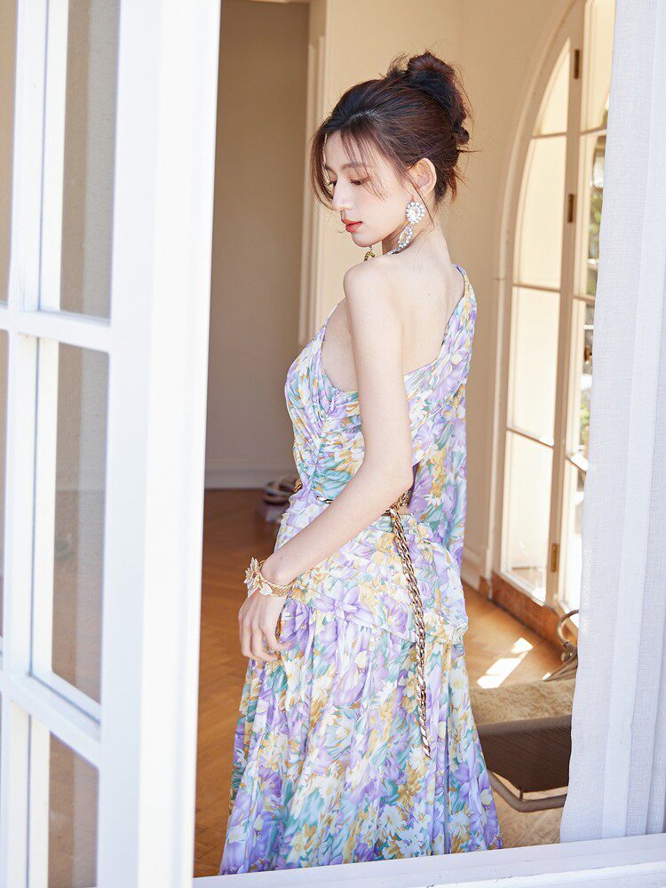 dolores French-style printed off-shoulder single-sleeve slit mini dress