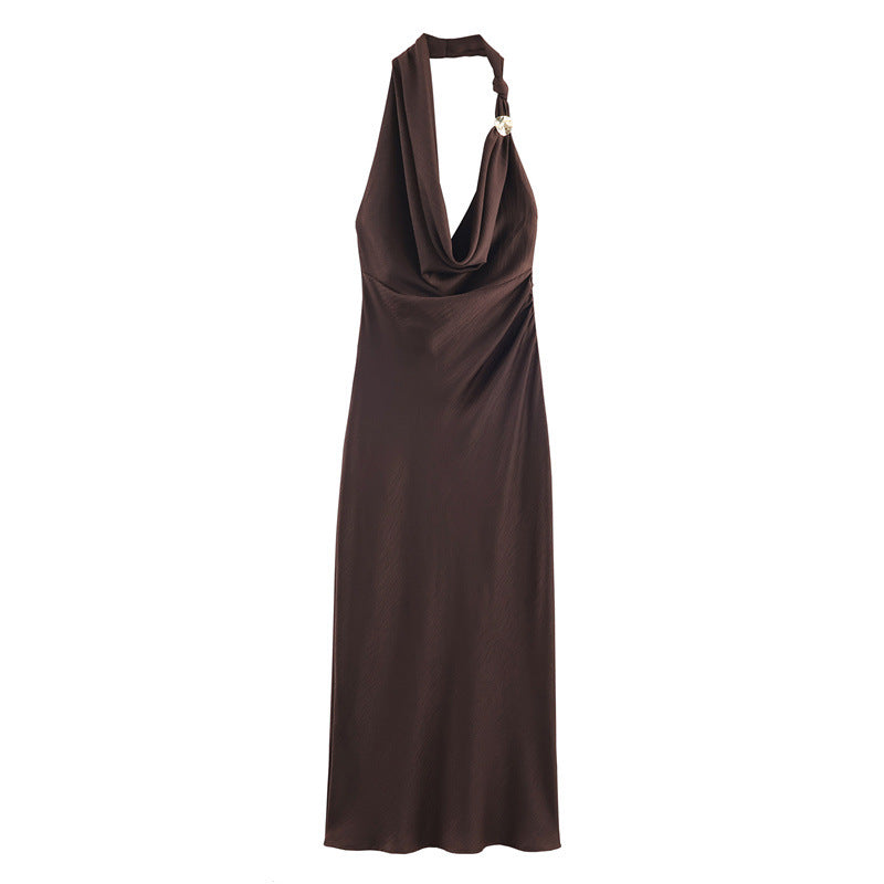 Chocolate Brown Textured Satin Sheath Dress