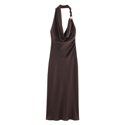 Chocolate Brown Textured Satin Sheath Dress