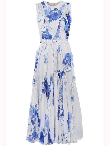 blue printed crew neck lantern sleeves flowing ruffles dress