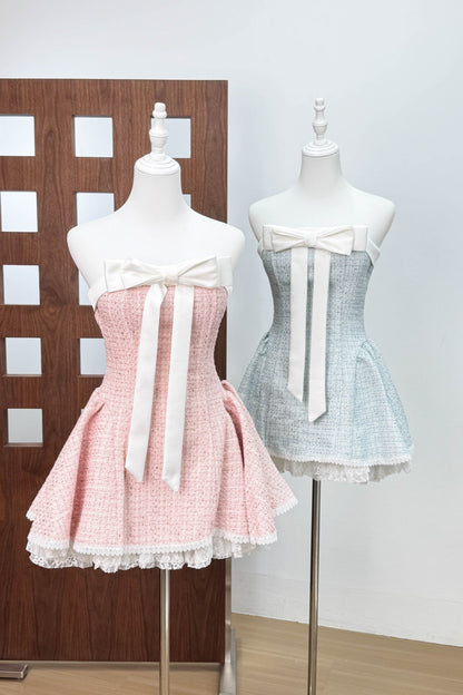 Bow woven lace tube top mini dress in pink