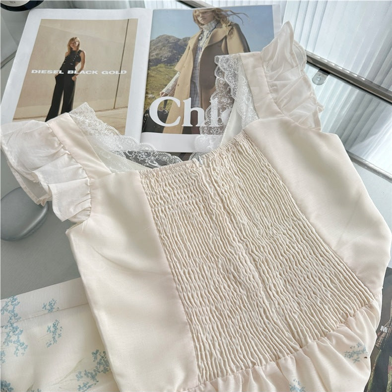 White Cotton Woven Fit-and-Flare Midi Dress with Gradient Floral and Eyelet