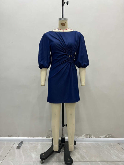 Dark Denim Boat Neck Puff Sleeve Side Ruched Gold Button Mini Dress