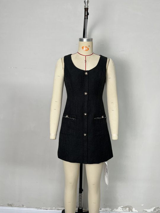 Black Tweed Scoop Neck Sleeveless Gold Button Pocket Mini Dress