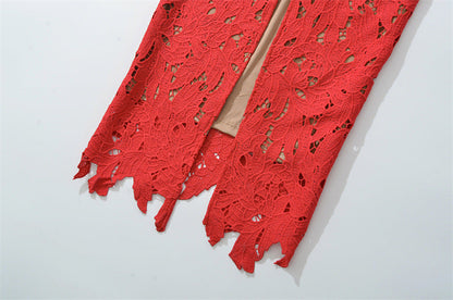 hermosa Bow Strap Embroidered Lace Maxi Dress in red