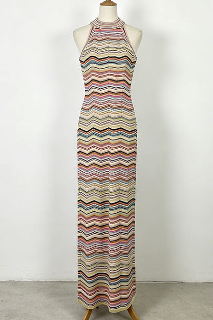 Vibrant Chevron Halter Knit Maxi Dress