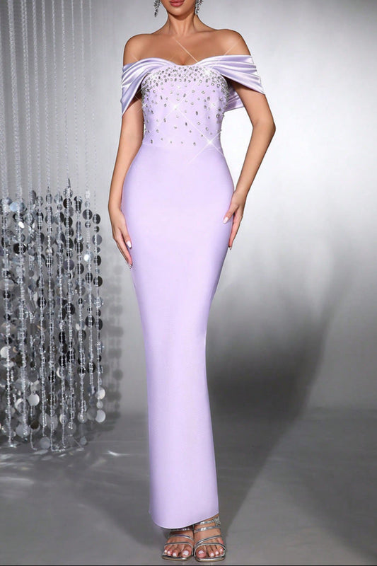 belen Diamond off-Shoulder bodycon Maxi Bandage Dress in pale purple