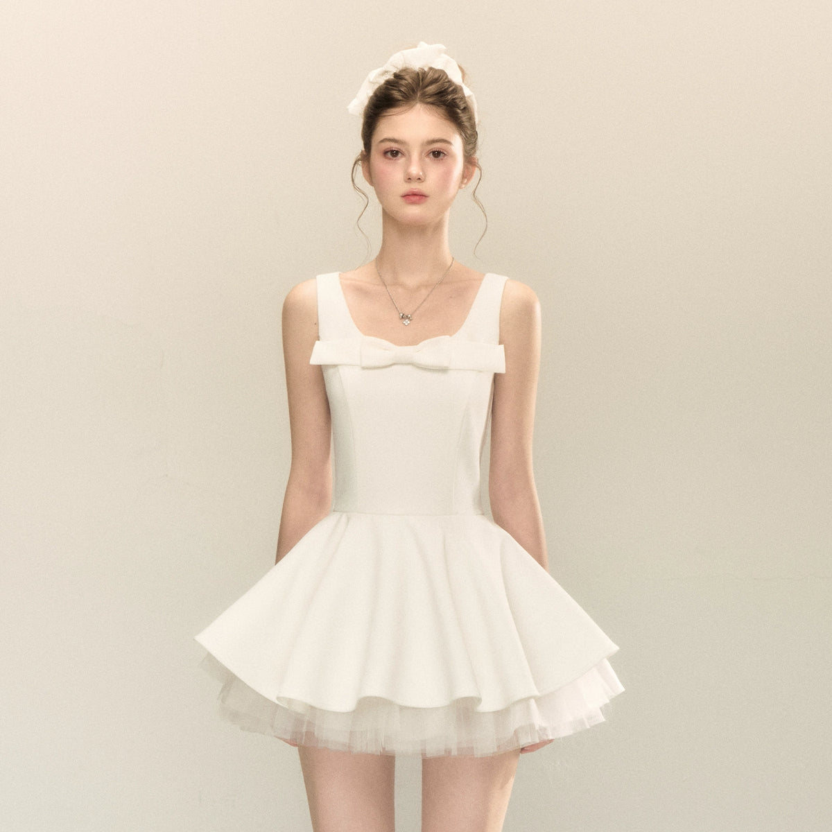 spliced mesh puffy mini dress