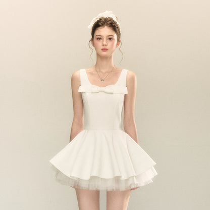 spliced mesh puffy mini dress