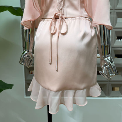 Pale Pink Satin Off‑Shoulder Two Piece Corset Mini Skirt Set
