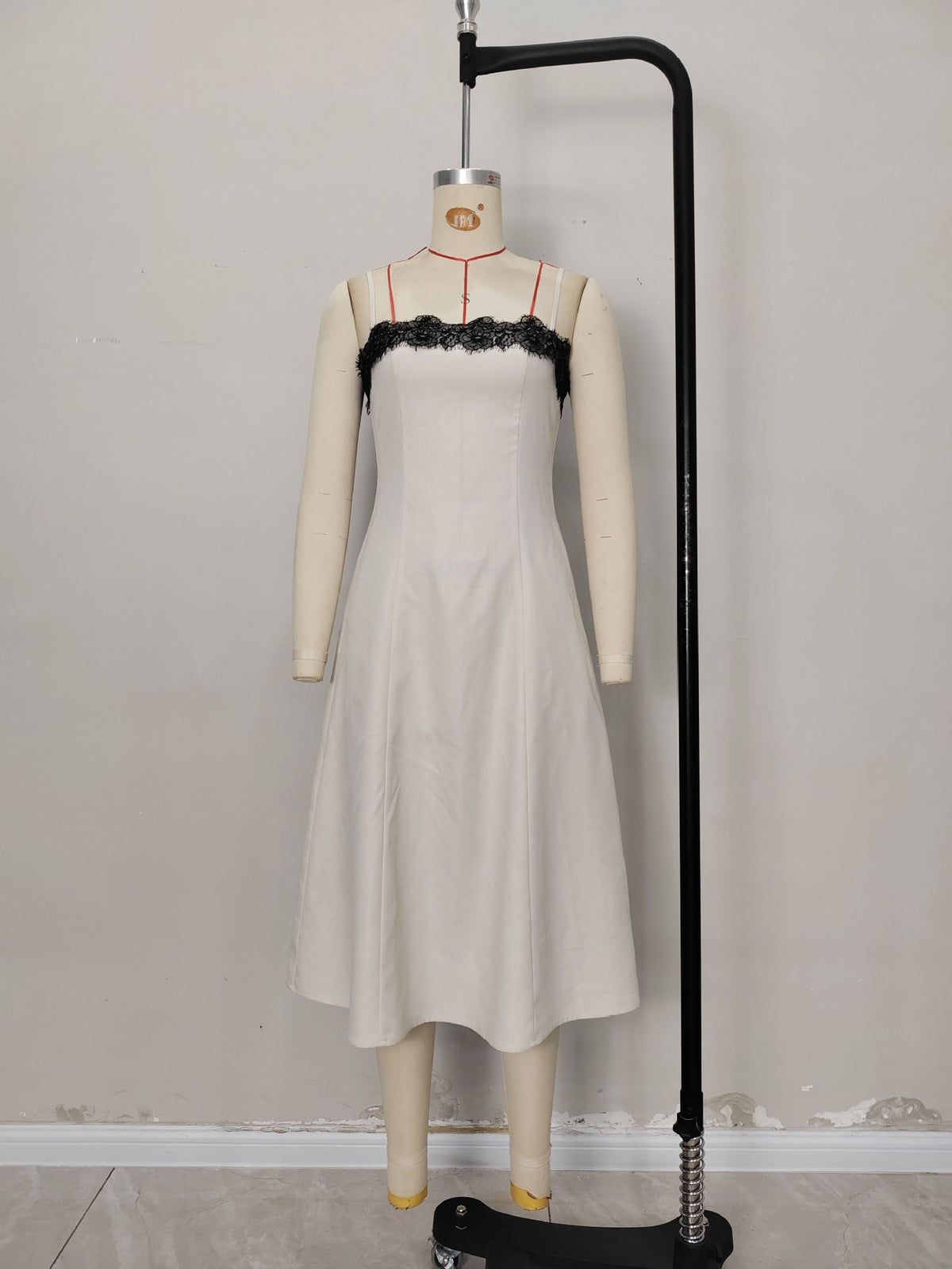 Off White Thin Strap Black Lace Trim Midi Dress Slim Fit Flowy Linen Blend Slip Dress