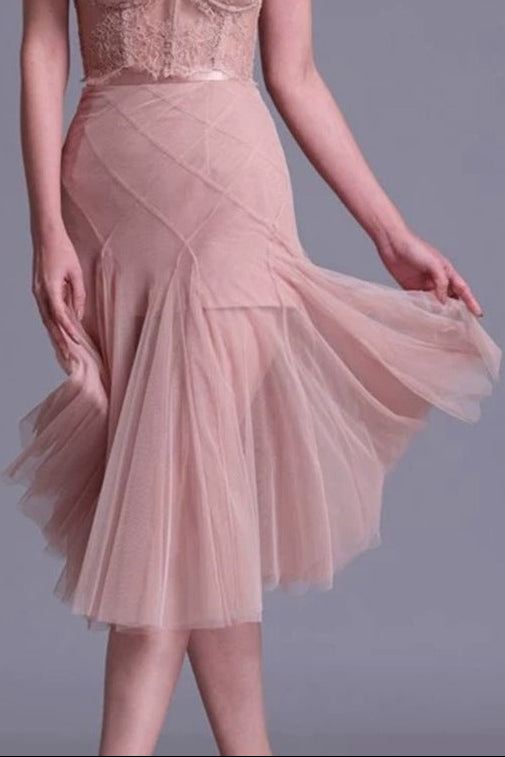 floral dentelle off-shoulder bustier corset net skirt set in pink