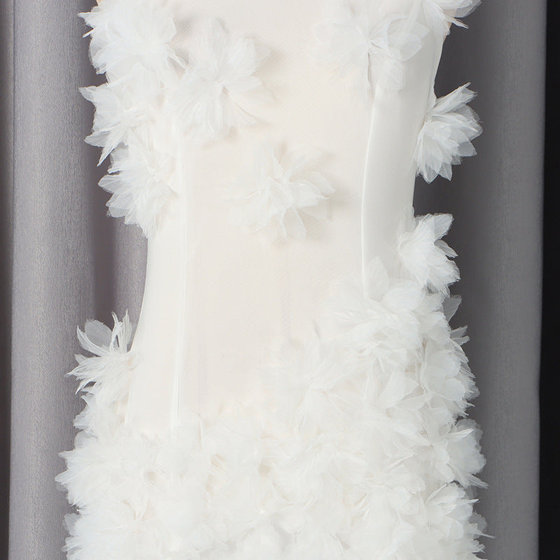 White Halter Maxi Dress with 3D Floral Embellishments