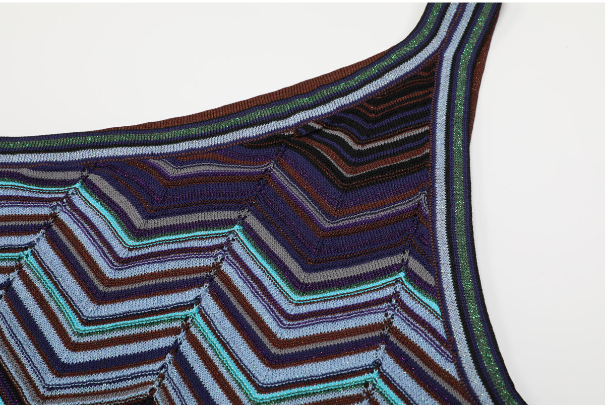 One-Shoulder Chevron Maxi Dress in Teal, Purple & Brown