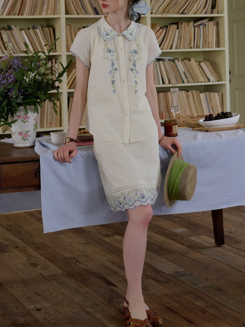 cotton doll collar cut embroidery set skirt